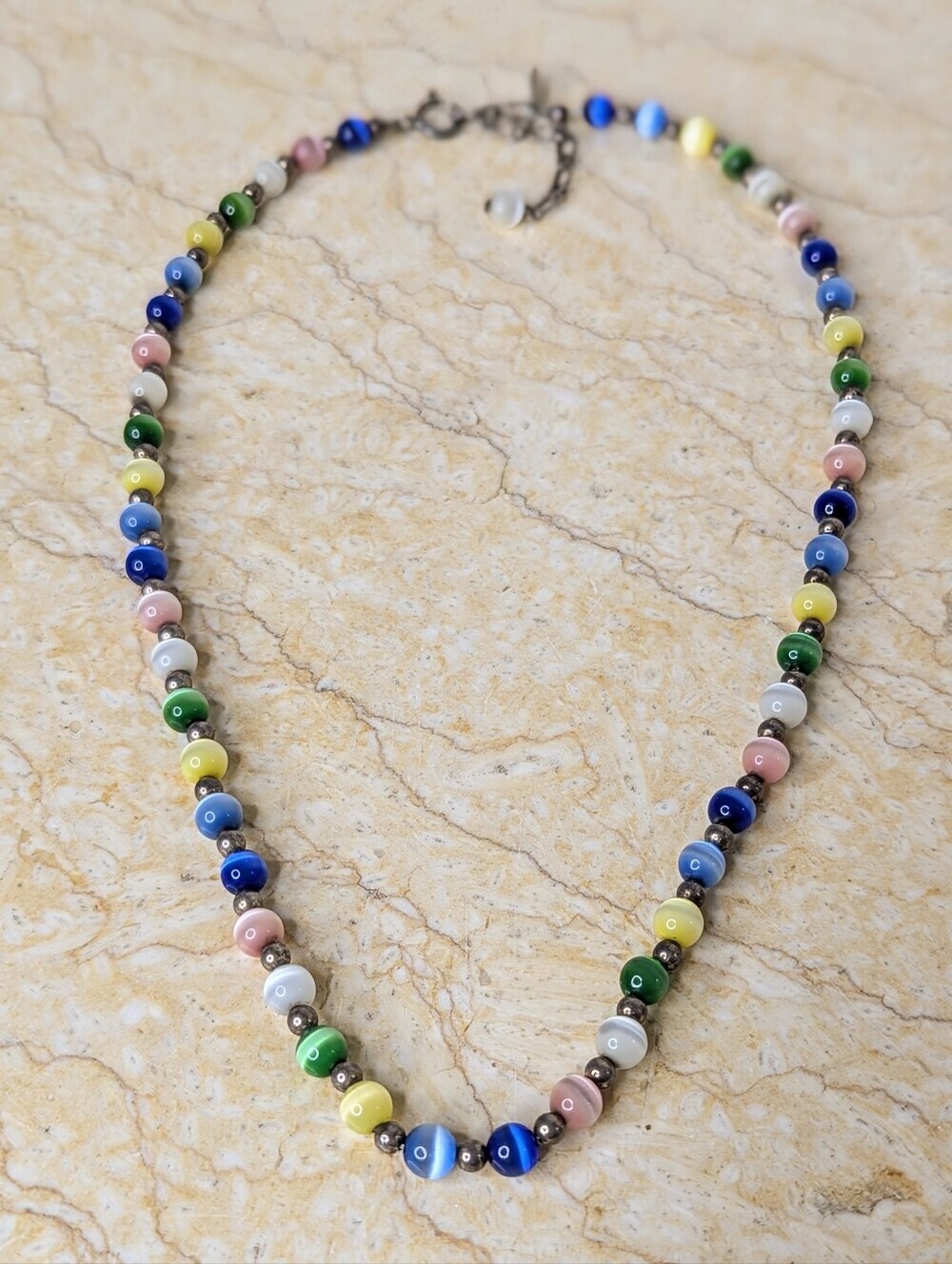 Vintage Sterling Silver Cat's Eye Shiny Colorful Glass Bead Necklace